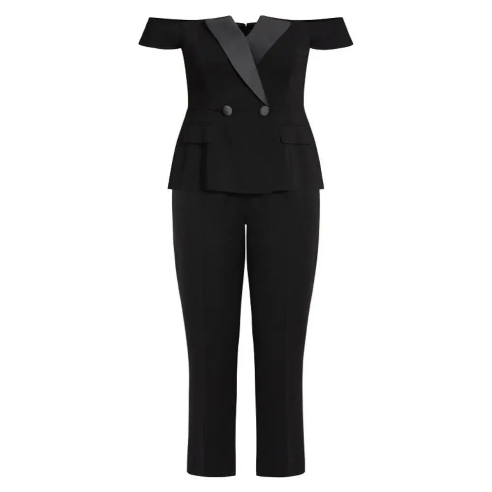 City Chic Sexy Tux Jumpsuit Womens Plus Size 18 Off The Shoulder Black Menswear - Picture 2 of 7
